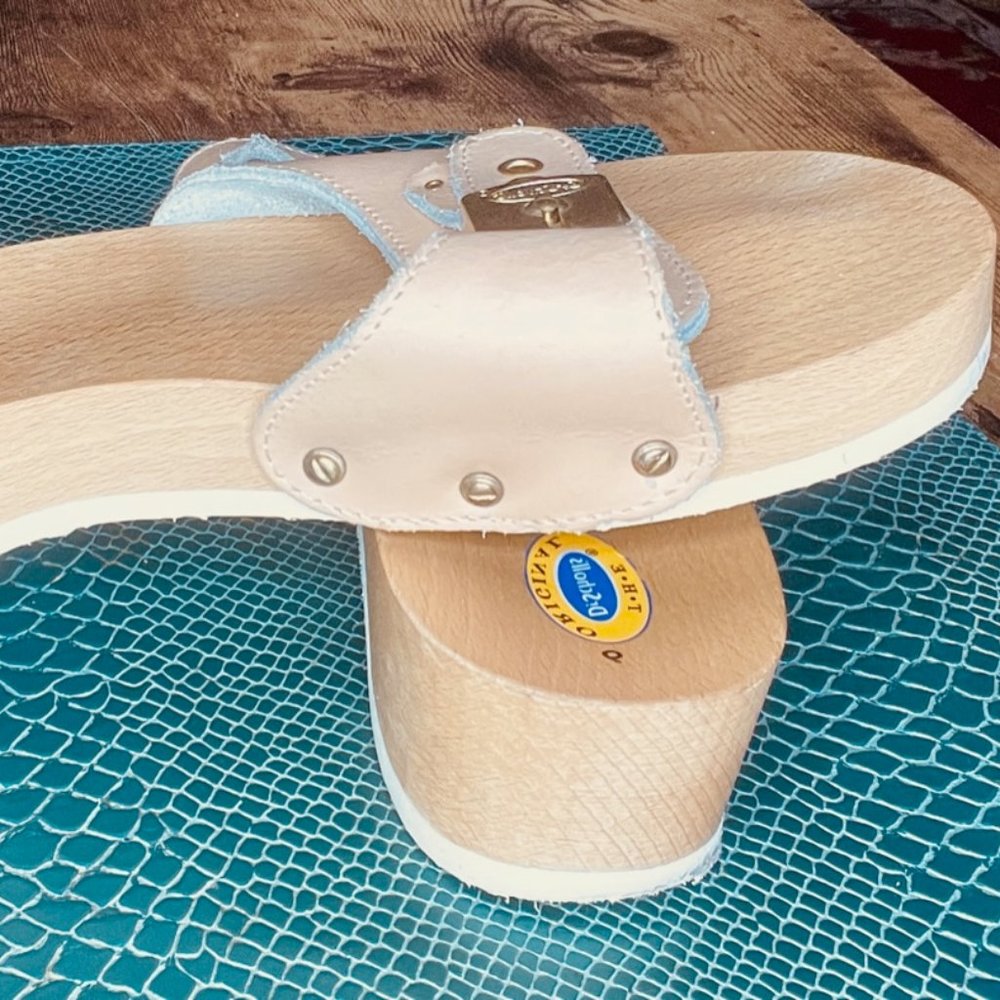 Dr. Scholl's "The Original" Wooden Sole Slide Sandal Tan / Nude Leather Size 6M